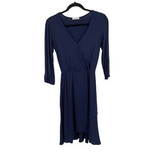 Loveappella dress solid 3/4 sleeve faux wrap blue X-Small XS